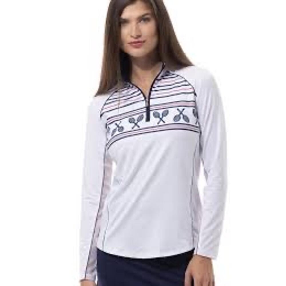 SanSoleil Top Womens Medium Tennis Racket Print 1/4 Zip Mesh Panel Golf UPF 50